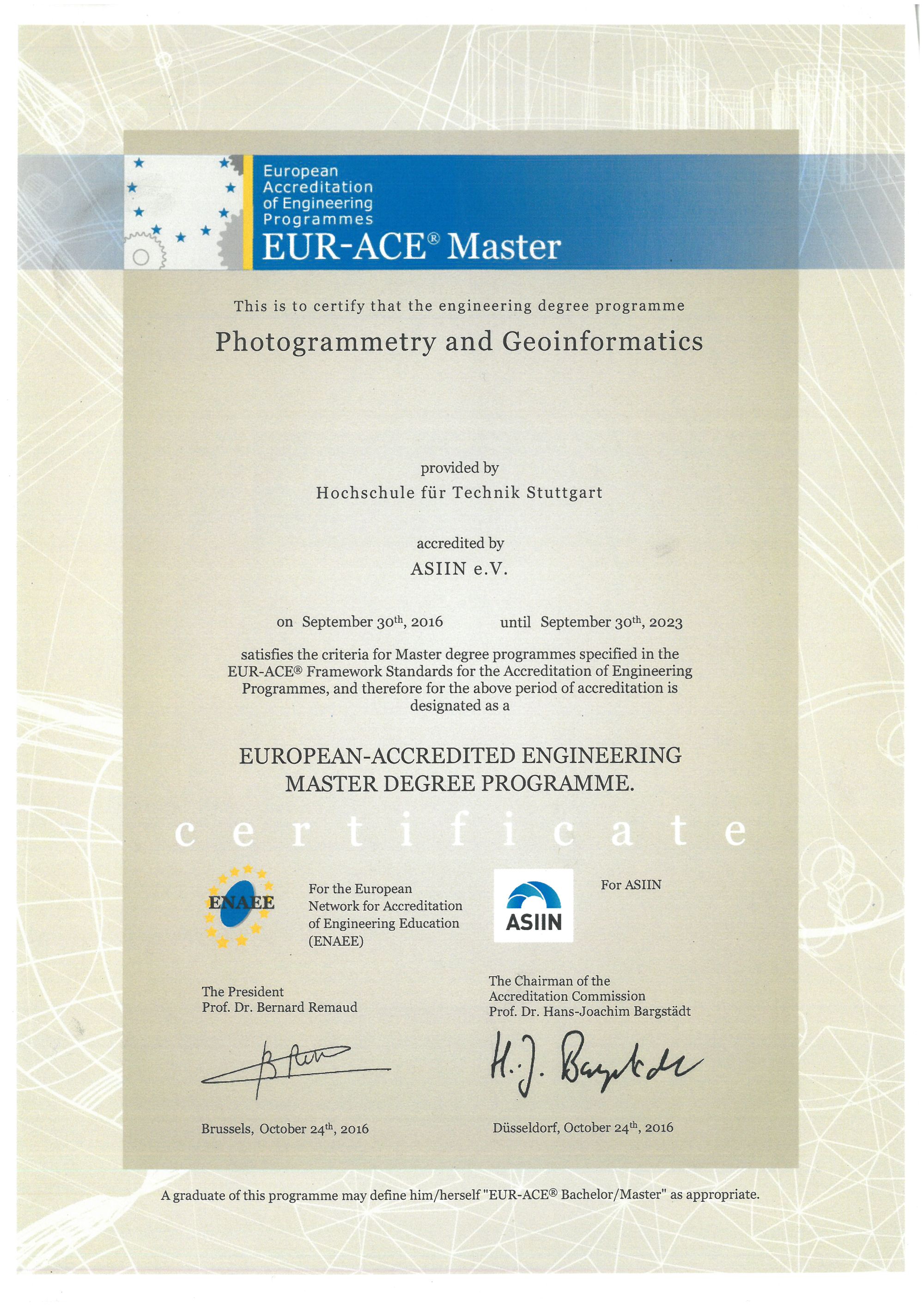 Akkreditierungsurkunde EURACE bet36ʱȷ_188ȷֱ& Photogrammetry and Geoinformatics